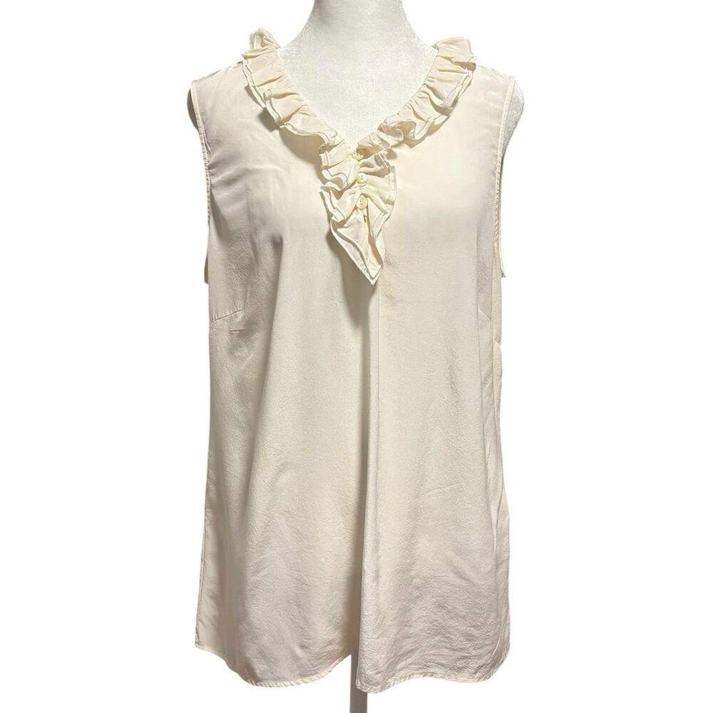 J. Jill Size M 100% Silk Ruffle Neck Sleeveless Blouse Shell Top Ivory Cream